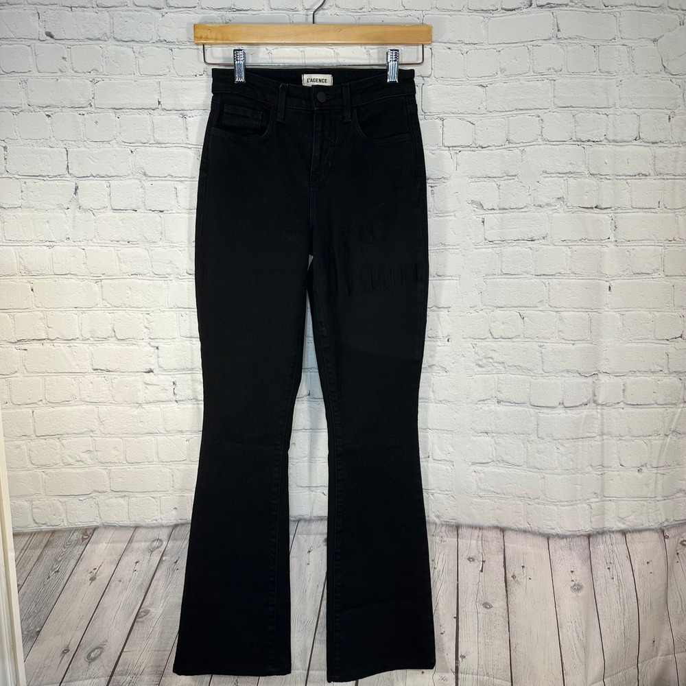 L'AGENCE Selma High Rise Flare Jeans Size 24 Jet Black Stretch Denim Made in USA